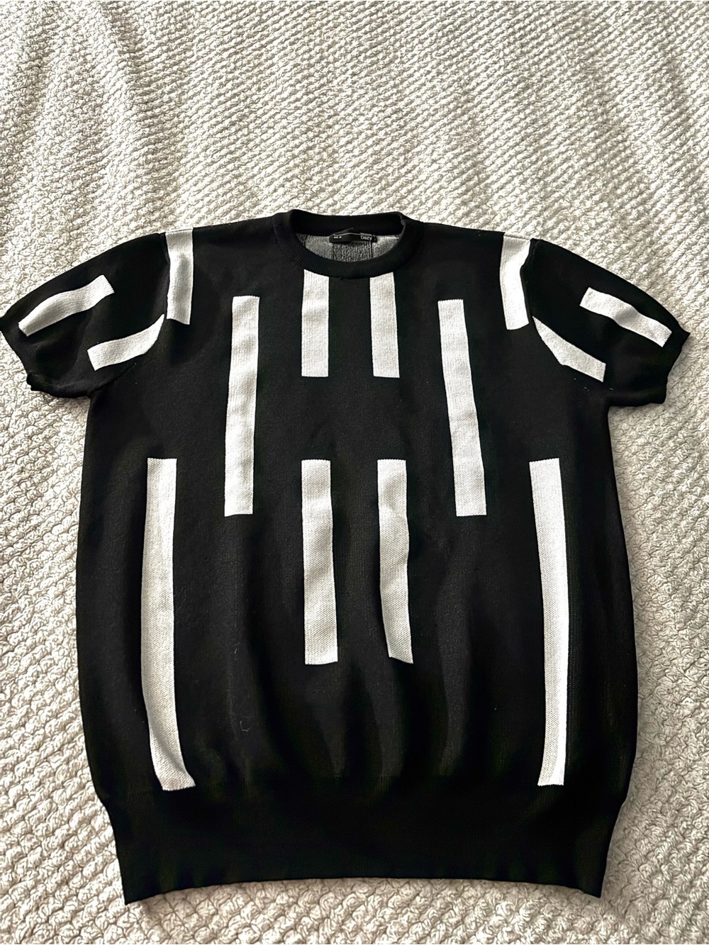 Men's Crewneck Knit Sweater in Black with White Bar Detail